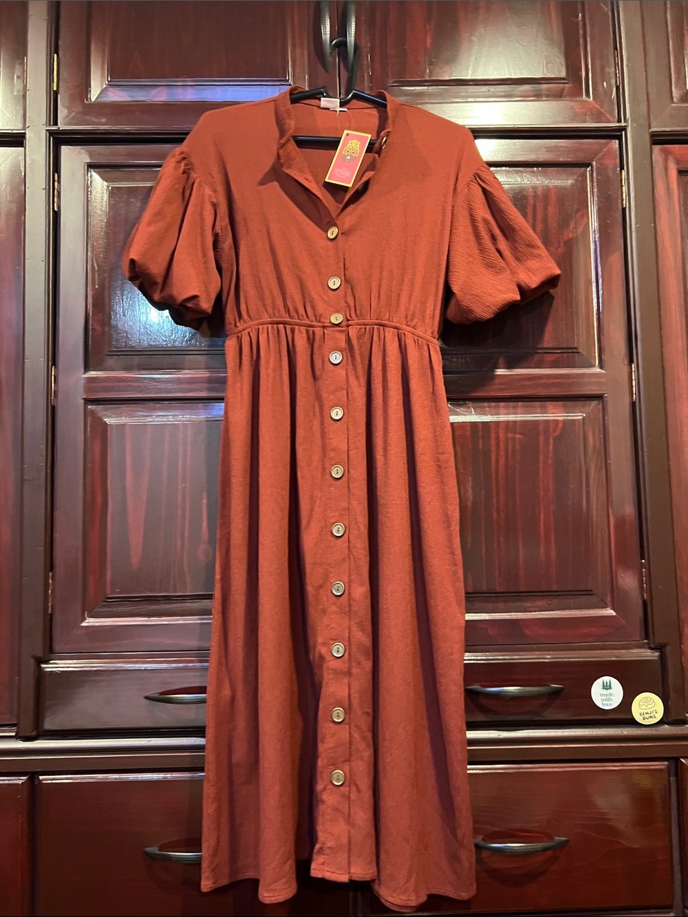 Rust Button-Front Puff Sleeve Dress, Size S, NWT, Unique South African Brand